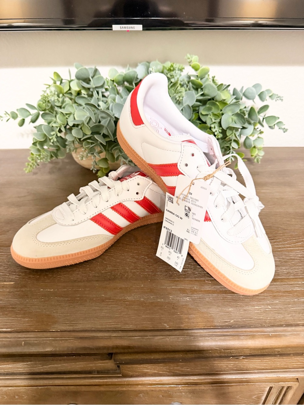 Adidas Samba Retro Sneakers White with Red Stripes and Gum Sole